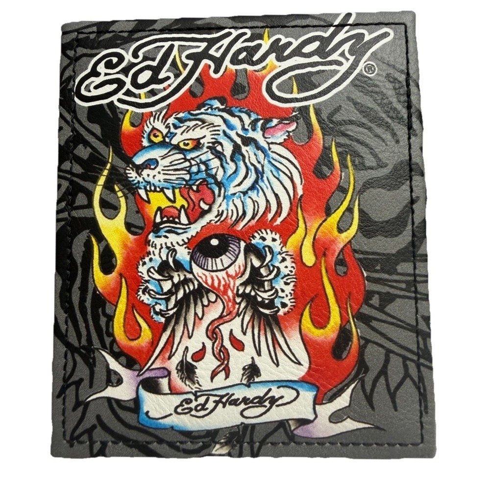 Ed Hardy Men's Black Wallet Bi-fold With Valet Tray PU Leather Tiger Tattoo New